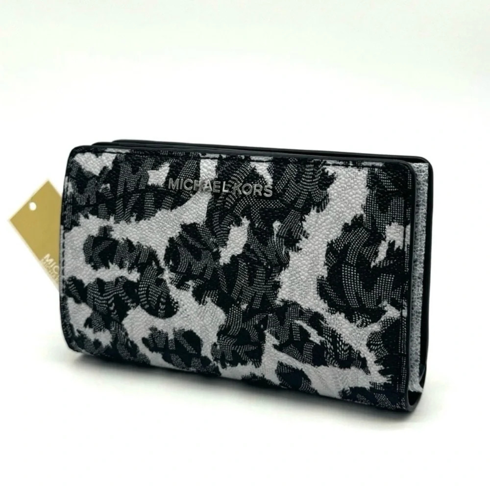 Michael Kors Medium Empire Leopard Logo Snap ZA Wallet Black Multi